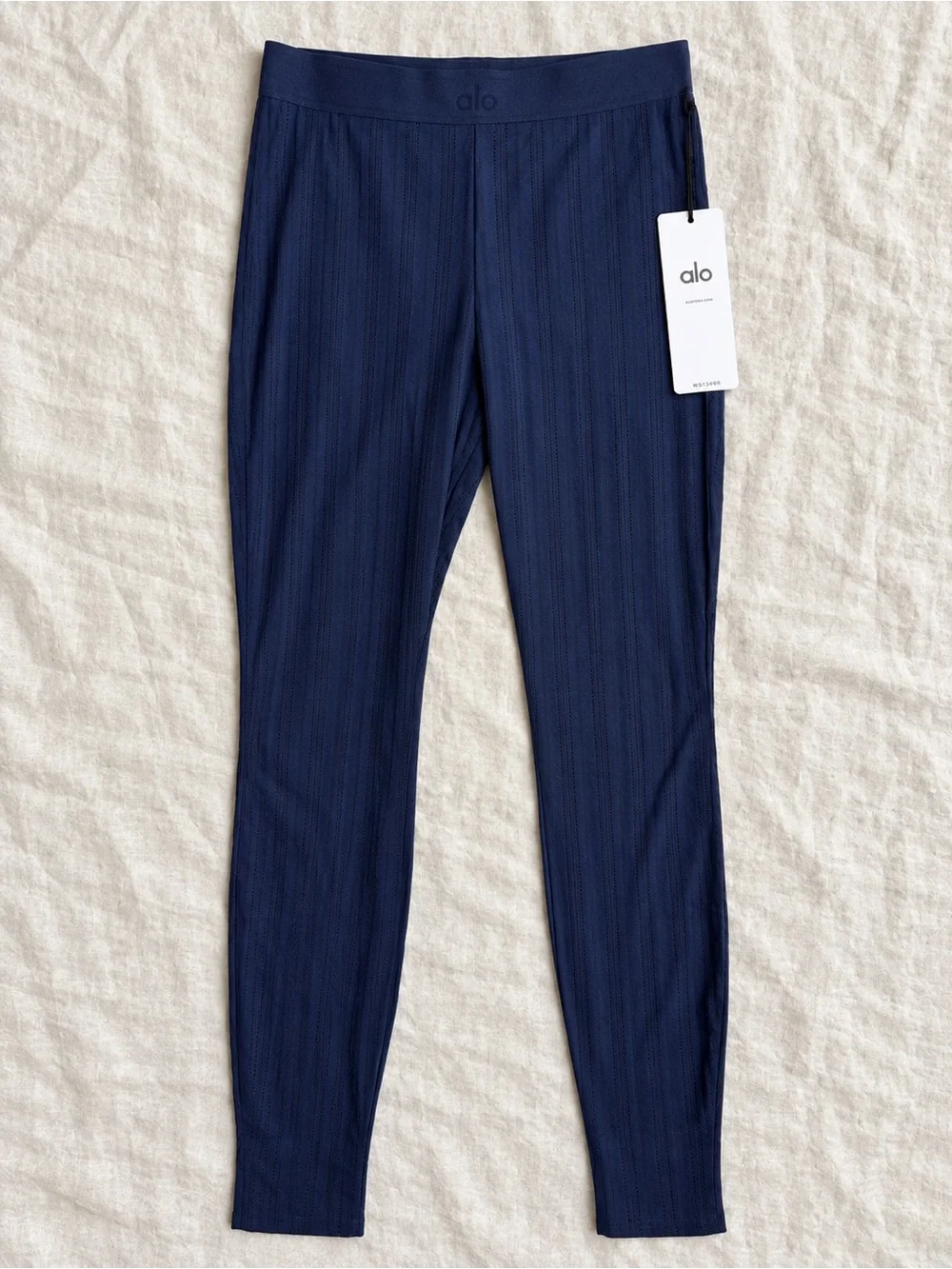 ALO Yoga Navy High Waist Euphoria Pointelle Semi Sheer Leggings Size Large NWT